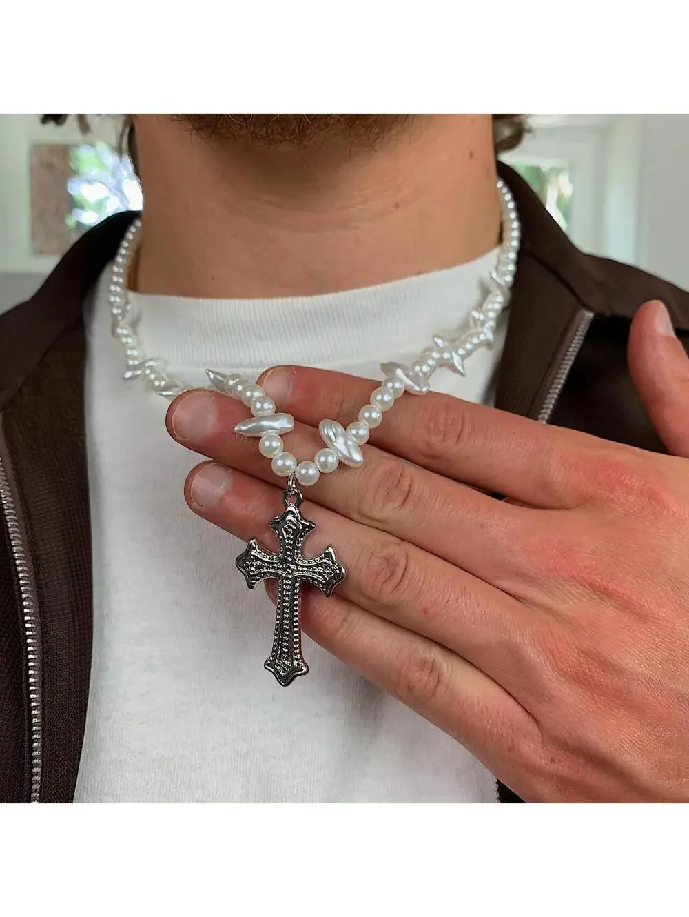 Cyber Grunge y2k Style Pearl Necklace with Gothic Silver Cross. 18-21 inches